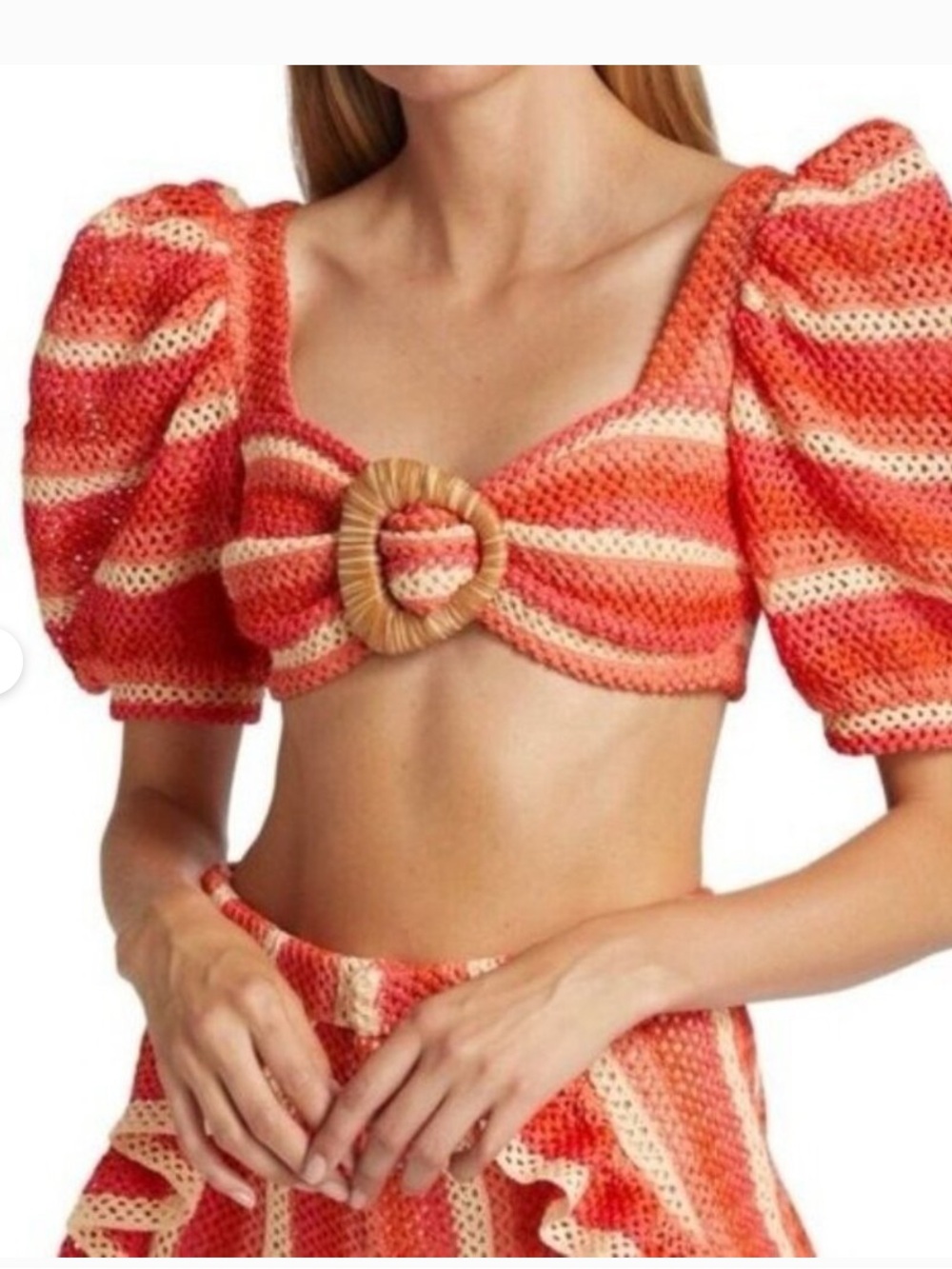 PatBO Orange and Cream Crochet Puff-Sleeve Crop Top & Ruffle Shorts Set - Picture 2 of 16